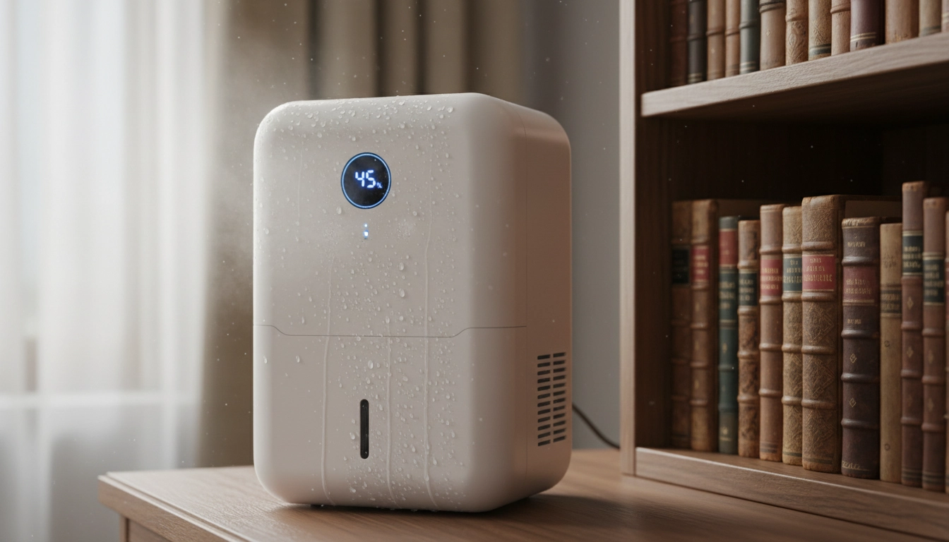 Déshumidificateur compact placé près d'une bibliothèque pour protéger les livres de l'humidité