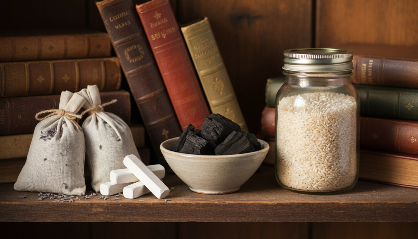 Remèdes naturels pour protéger les livres de l'humidité au quotidien : charbon actif, riz, lavande et craie