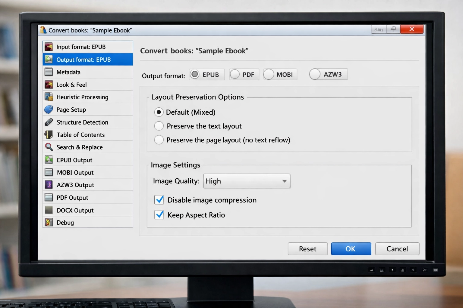 Interface Calibre pour convertir format ebook sans perdre mise en page avec options de formatage visibles