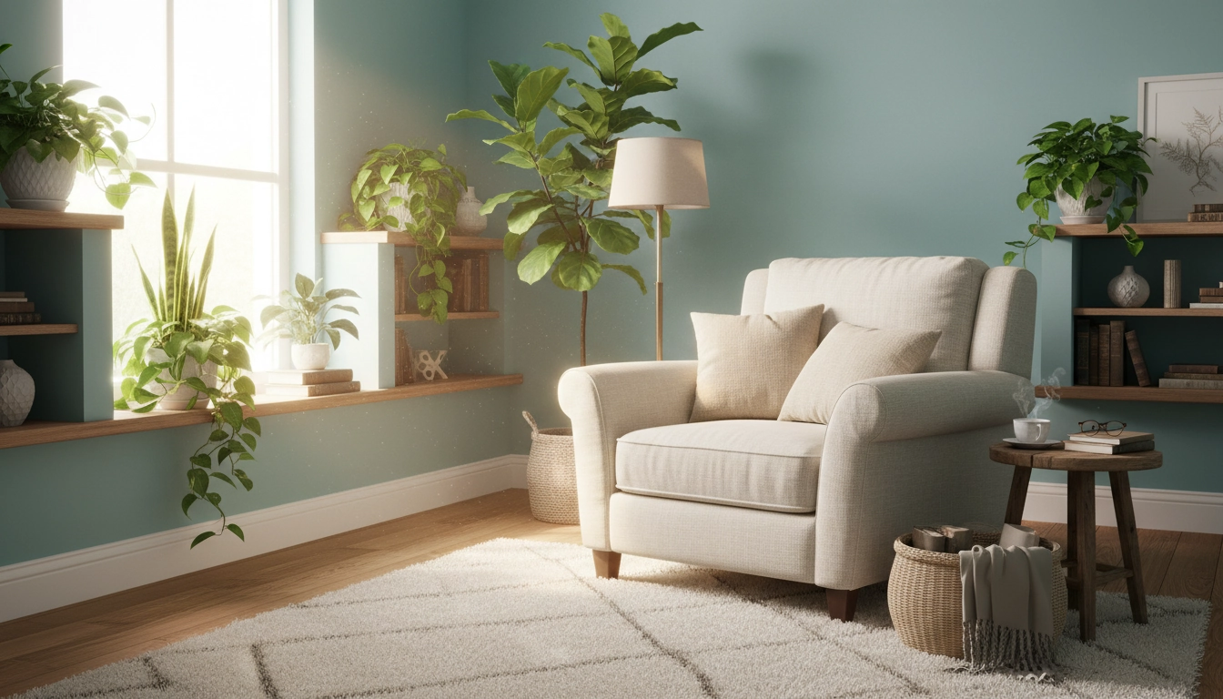 Coin lecture zen avec des couleurs apaisantes pour un coin lecture zen : murs bleu doux et vert sauge, fauteuil confortable et plantes vertes