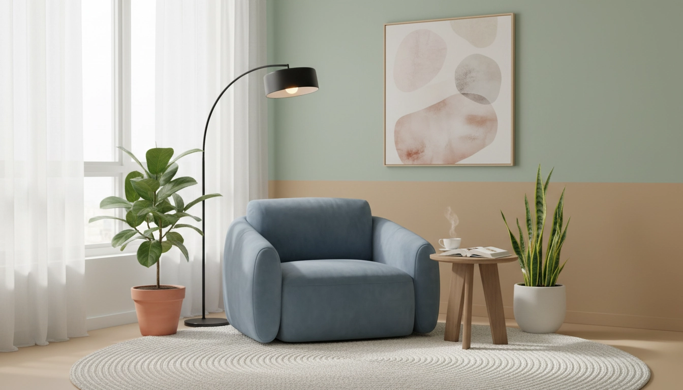 Coin lecture avec des couleurs apaisantes pour un coin lecture zen, murs bleu clair et plantes vertes