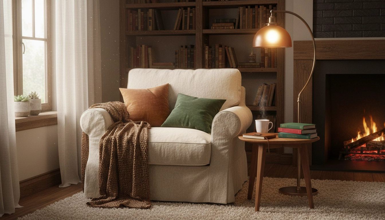 Coin lecture douillet avec fauteuil confortable et pile de livres pour créer une routine de lecture apaisante