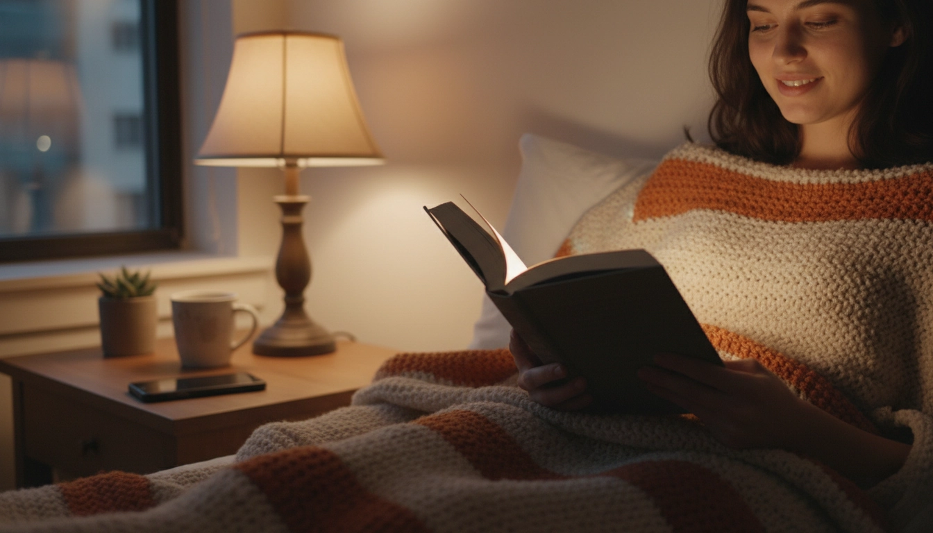 Personne lisant un livre le soir dans son lit avec une lampe de chevet chaleureuse, habitude de lecture du soir