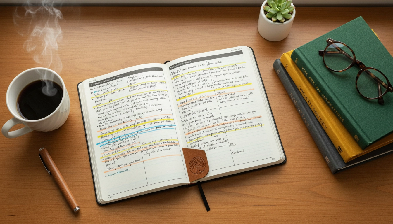 Journal de lecture ouvert avec notes manuscrites et livres empilés pour suivre et enrichir sa routine de lecture