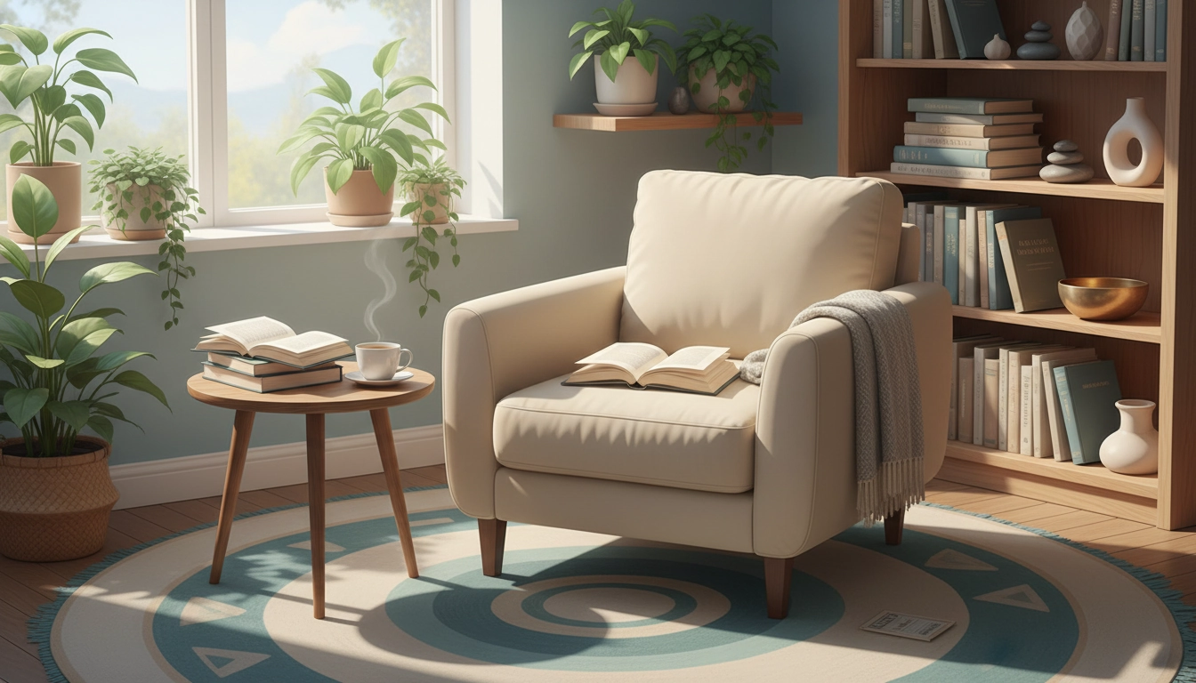 Femme installée dans un fauteuil confortable lisant un livre, ambiance chaleureuse et sereine pour créer une routine de lecture