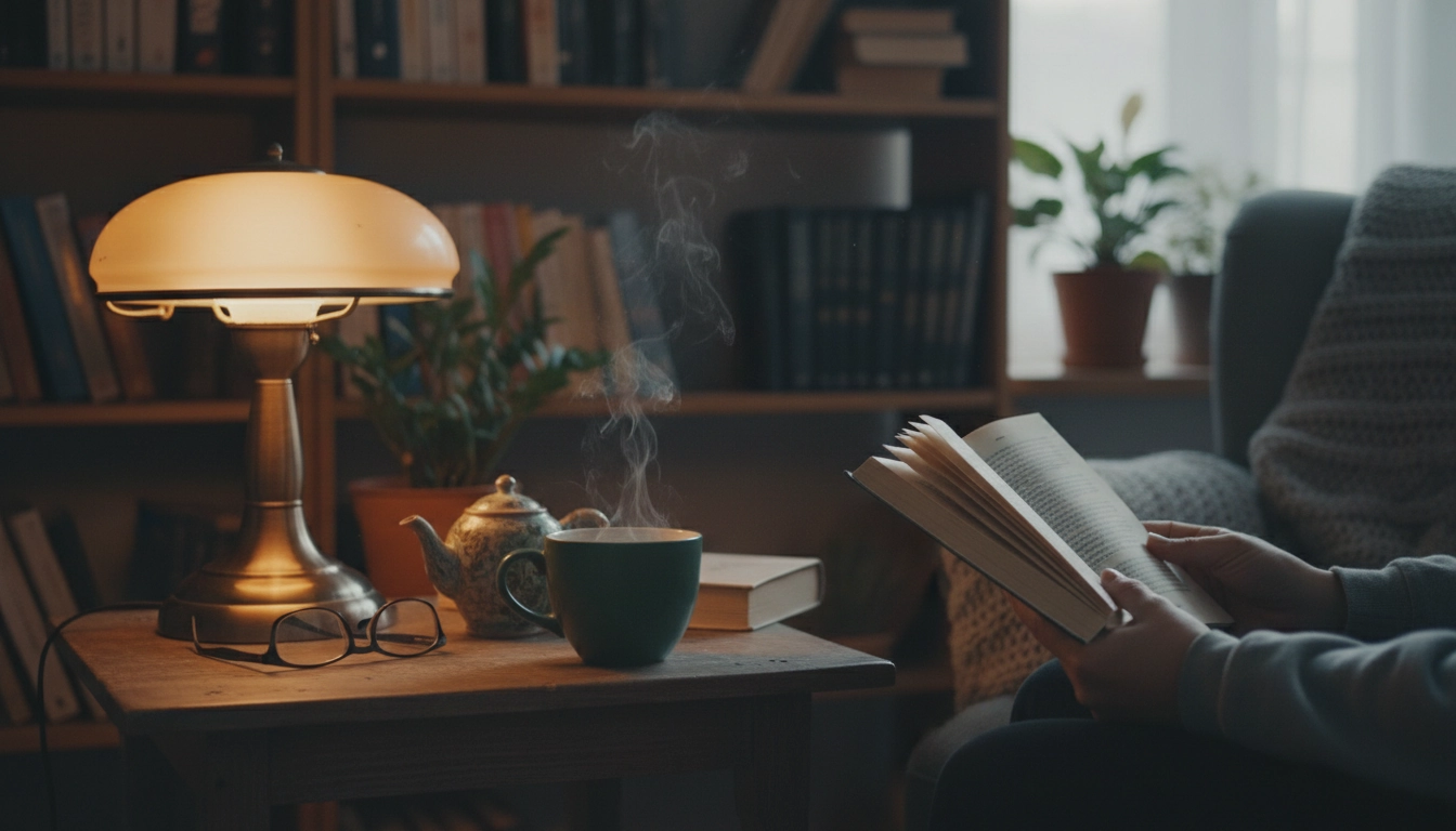 Coin lecture cosy avec livre papier et tasse de thé, illustration de la déconnexion numérique lecture au quotidien