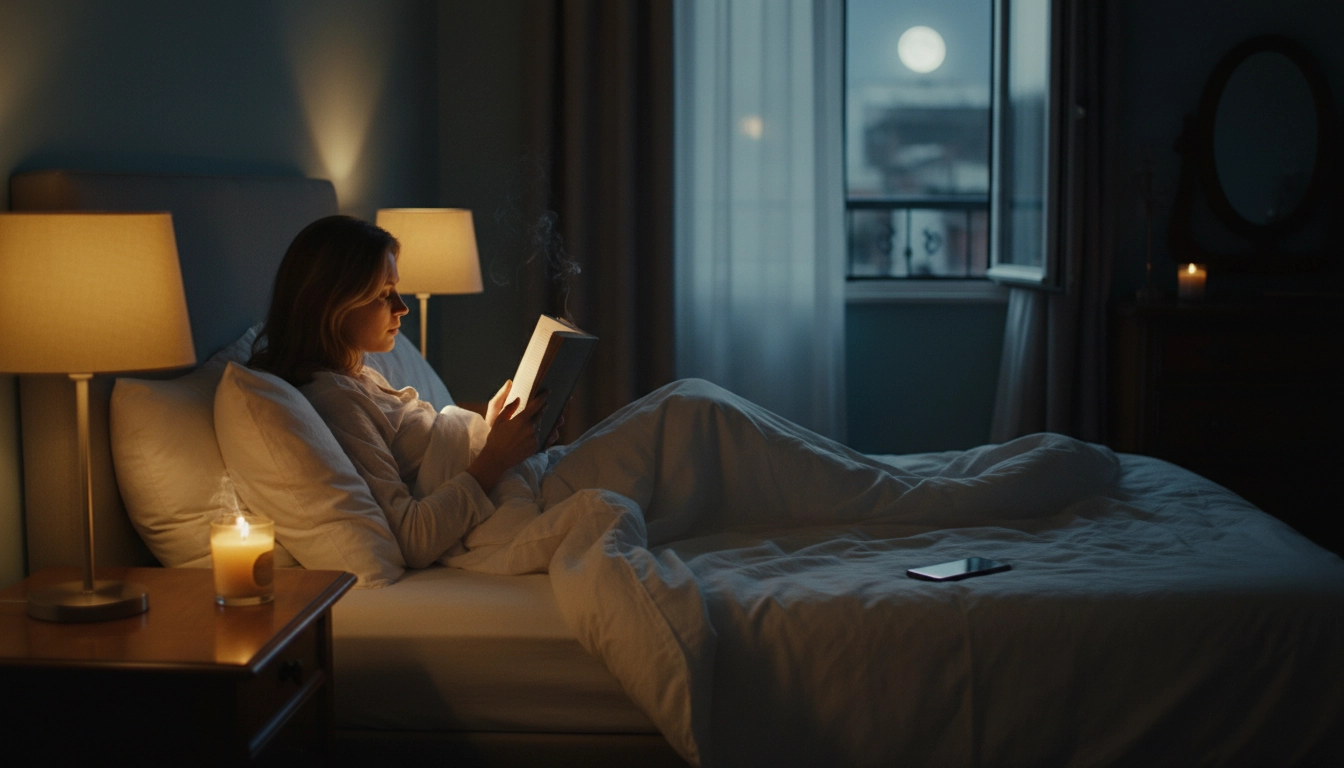 Personne lisant un livre papier au lit le soir sans téléphone visible, rituel de déconnexion numérique avant le sommeil