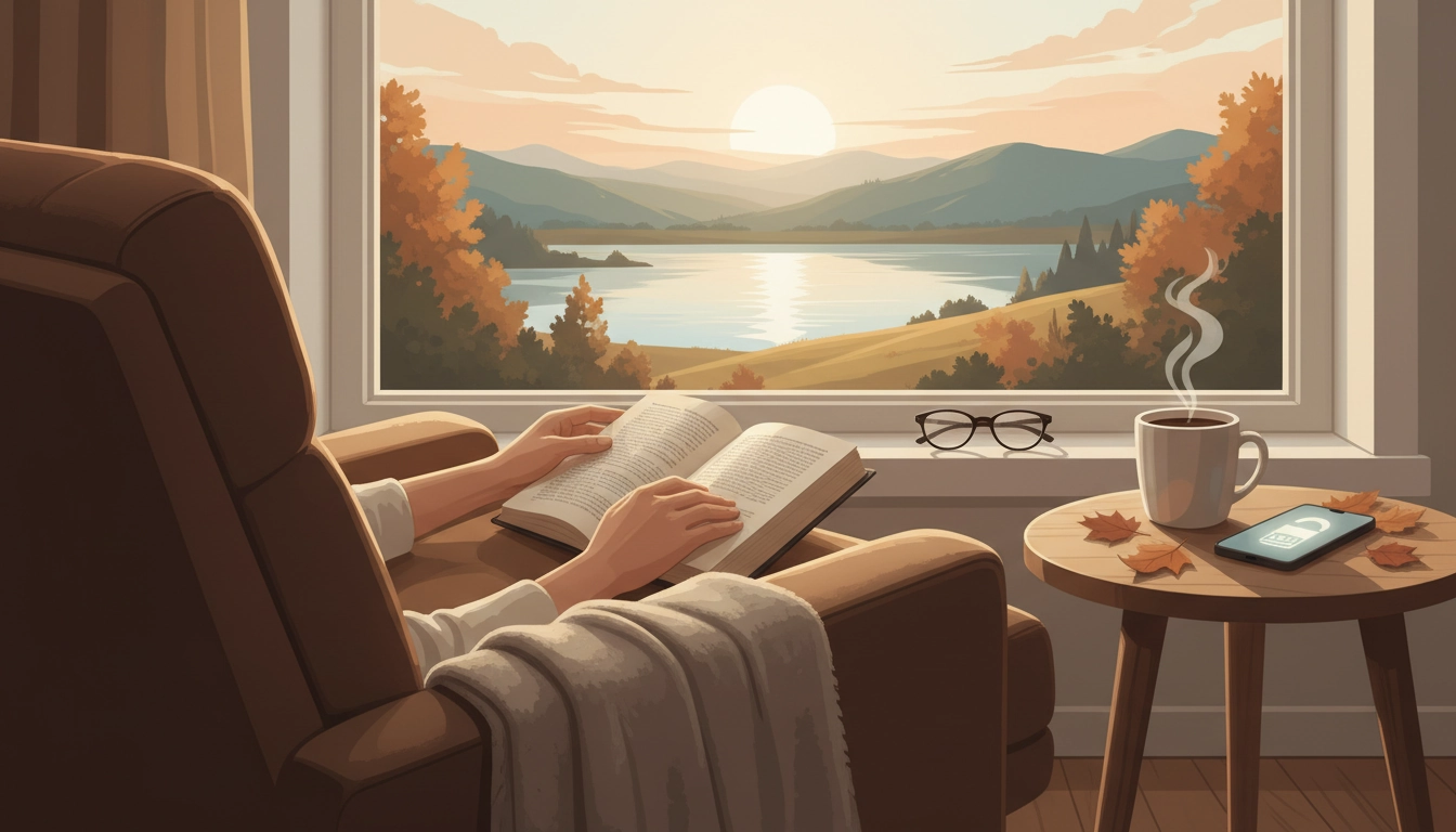 Femme lisant un livre papier dans un fauteuil confortable, loin de tout écran, pour une déconnexion numérique lecture apaisante