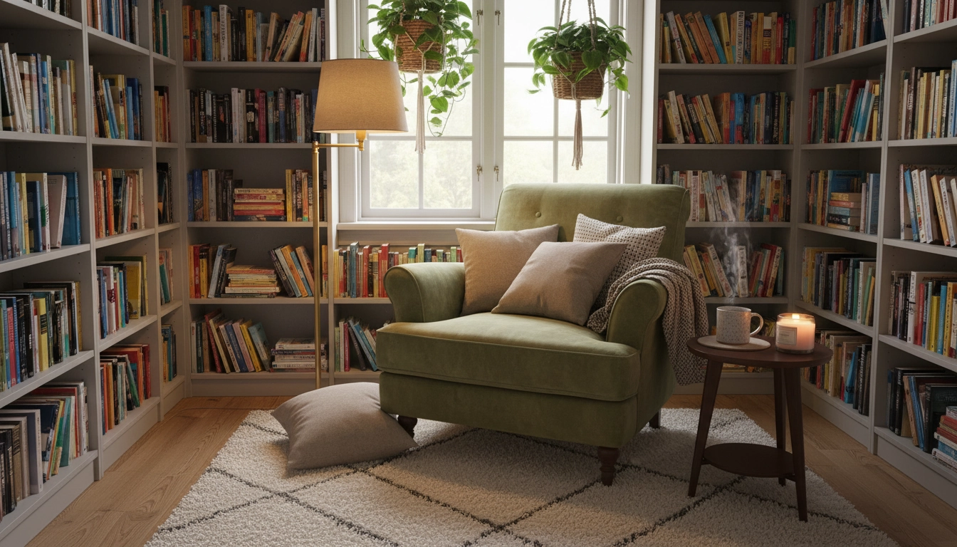 Décoration coin lecture avec fauteuil en velours vert, bibliothèque du sol au plafond et tapis en laine