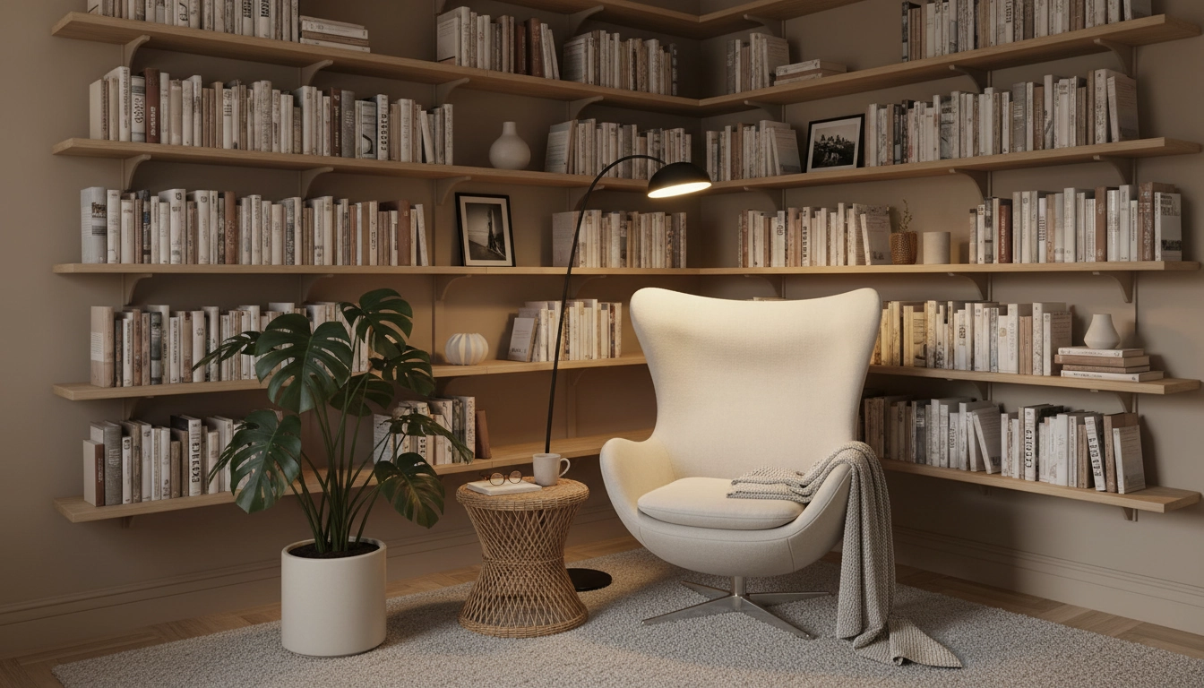 Coin lecture dans un petit appartement avec étagères flottantes et fauteuil compact cosy