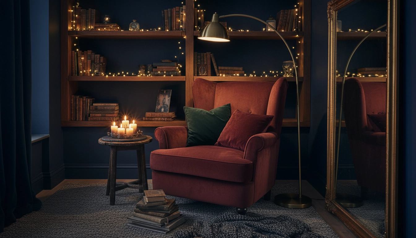 Ambiance lumineuse et chaleureuse dans un coin lecture sombre sans fenêtre avec éclairage doré