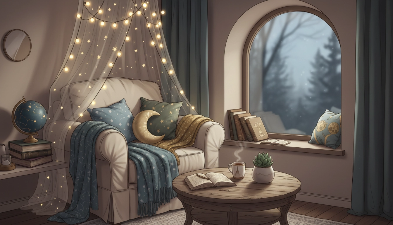 Décoration coin lecture cosy avec fauteuil en velours, bibliothèque murale et éclairage chaleureux