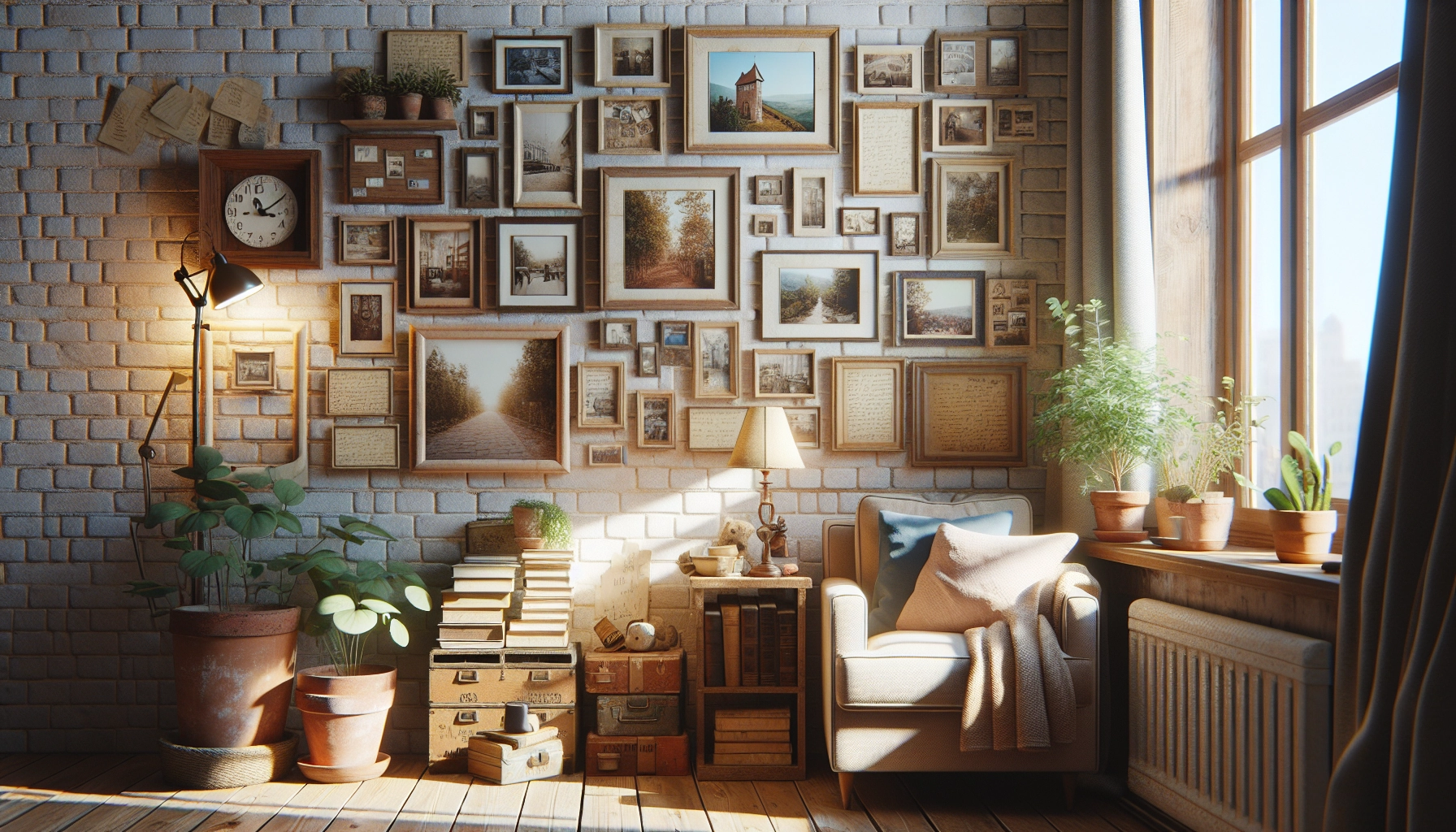 Espace de coin lecture authentique et inspirant avec des objets personnels et souvenirs créant une atmosphère chaleureuse et accueillante
