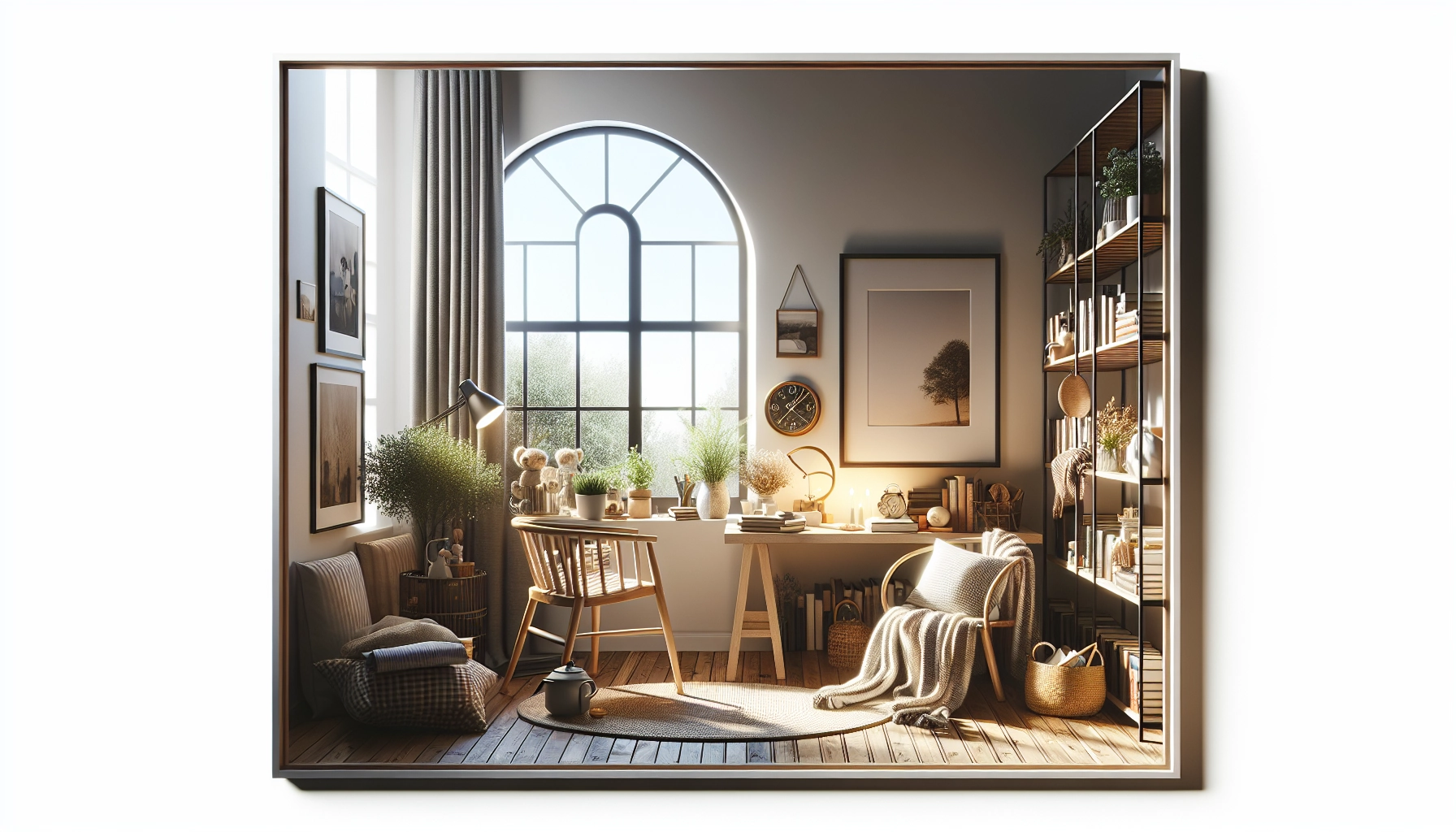 Coin lecture cosy avec objets personnels et souvenirs exposés sur les étagères pour créer une atmosphère authentique et inspirante