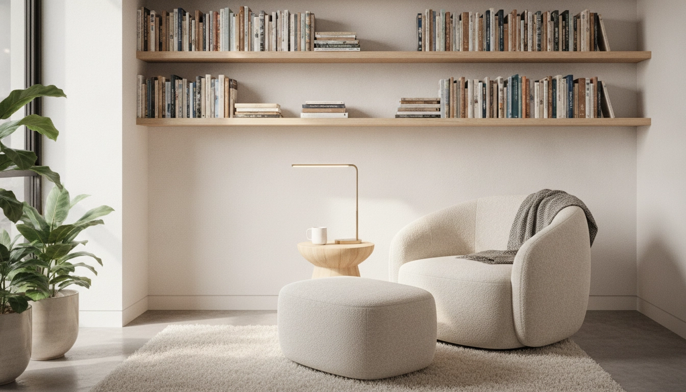 Astuces pour optimiser espace vertical lecture petite pièce avec des étagères flottantes.