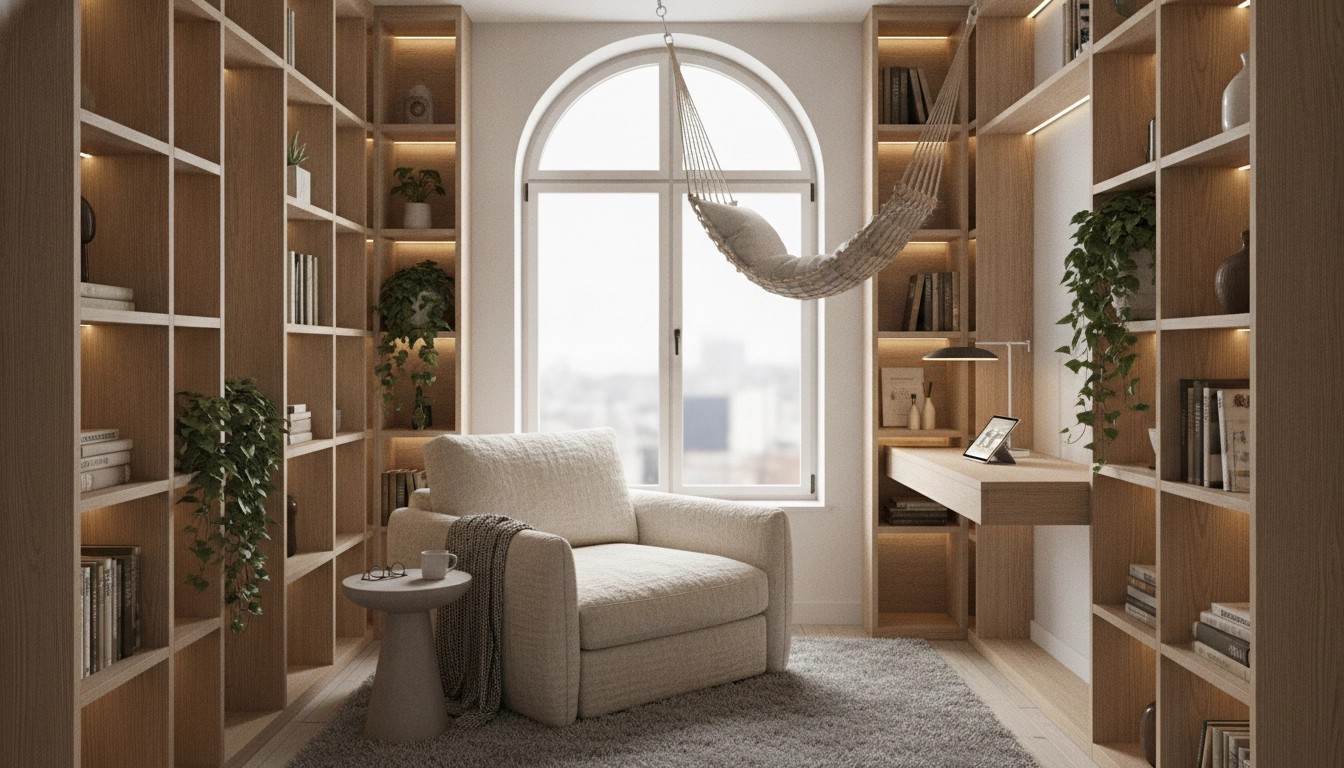 Une étagère design fixée au mur permettant d'optimiser espace vertical lecture petite pièce dans un salon moderne.