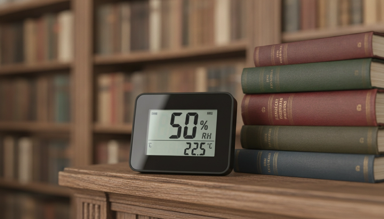 Un hygromètre numérique affichant le taux d'humidité idéal pour la conservation de livres.