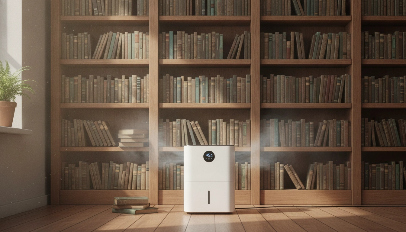 Un déshumidificateur moderne placé près d'une étagère ancienne pour la conservation des livres dans une maison.