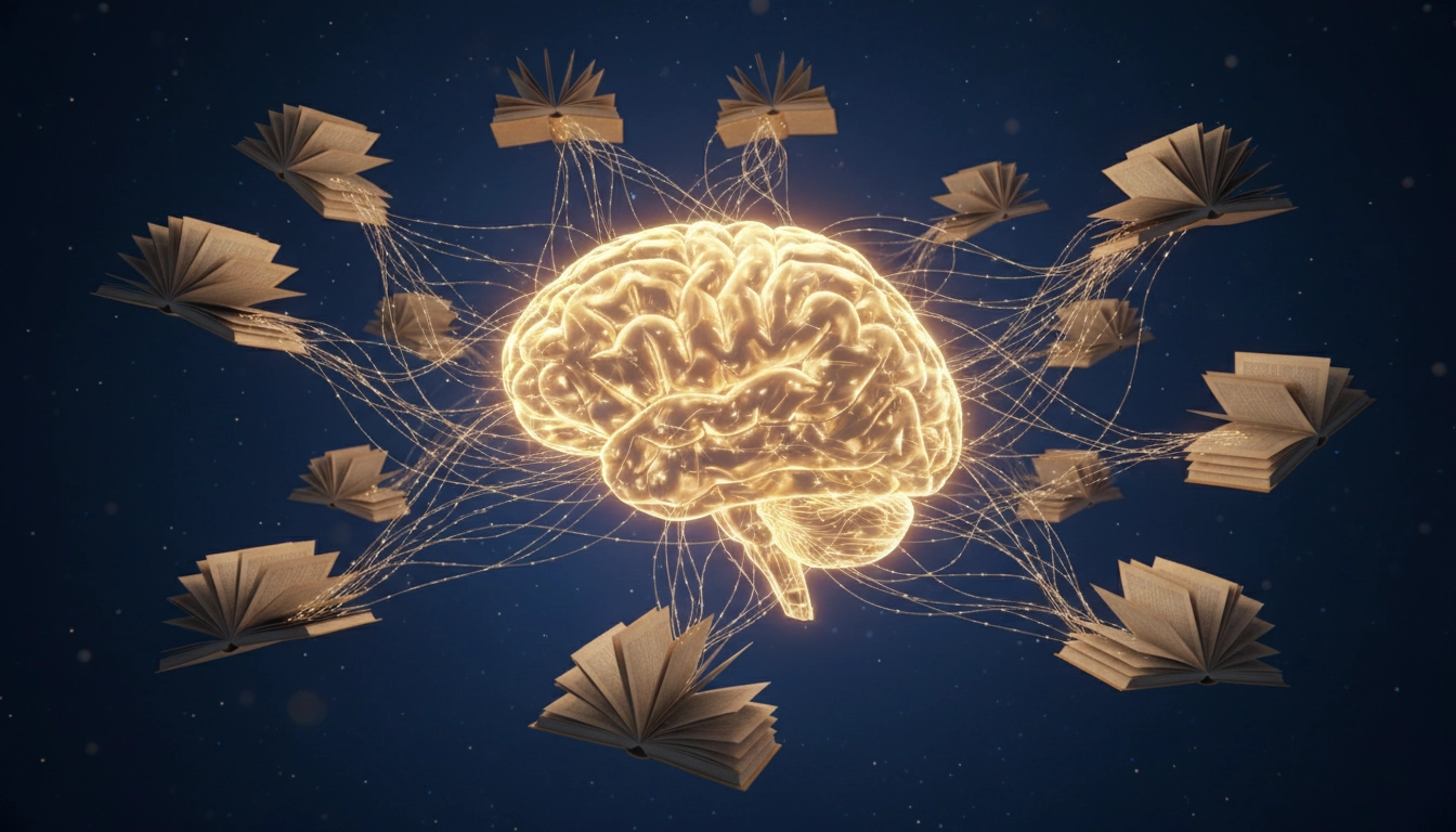 Schéma illustrant le développement cognitif par la lecture avec un cerveau lumineux relié à des livres ouverts