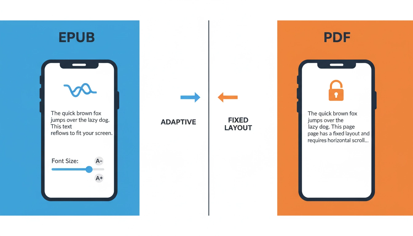 Infographie montrant la différence entre EPUB et PDF pour lire ebook : EPUB adaptatif sur smartphone versus PDF figé nécessitant un défilement horizontal