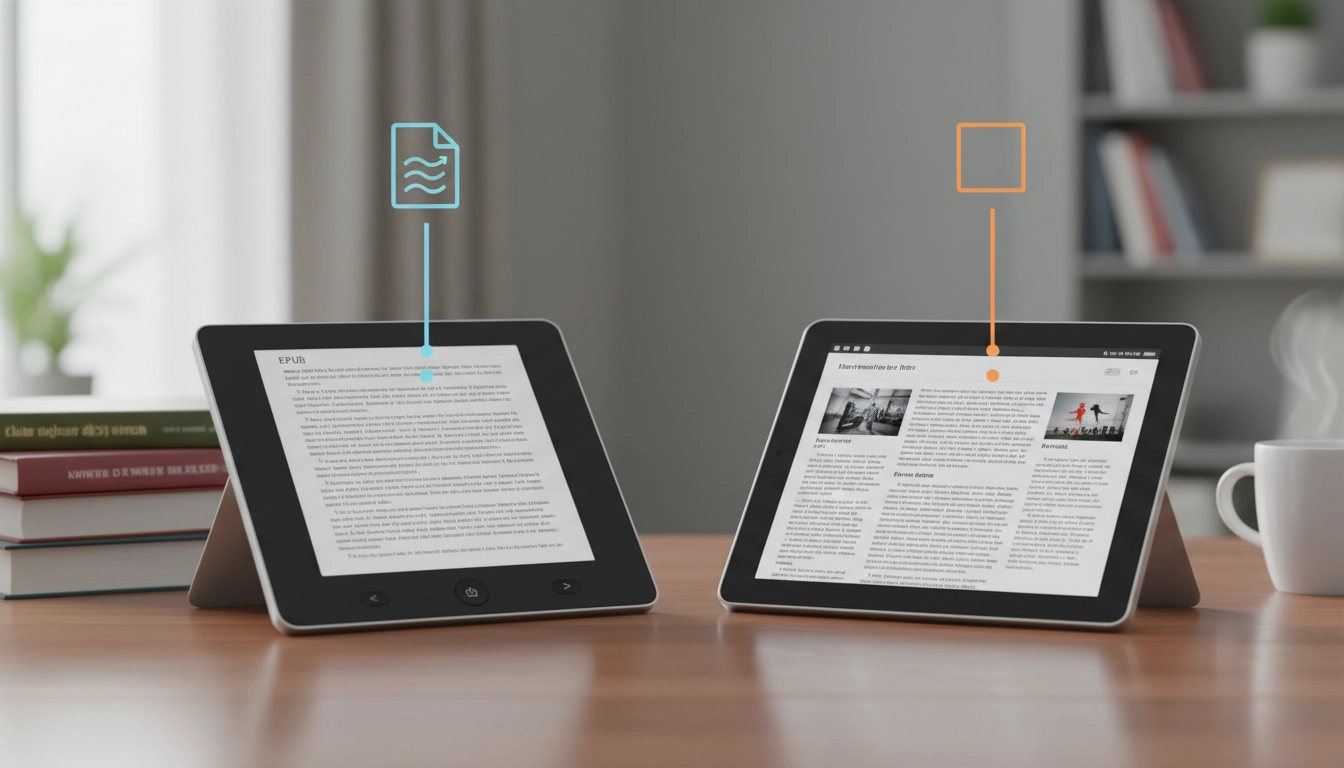 Comparaison visuelle montrant la différence entre EPUB et PDF pour lire ebook, avec EPUB adaptatif et PDF figé