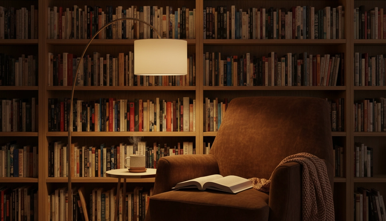 Éclairage coin lecture chaleureux avec lampe sur pied dorée et fauteuil en velours bleu marine