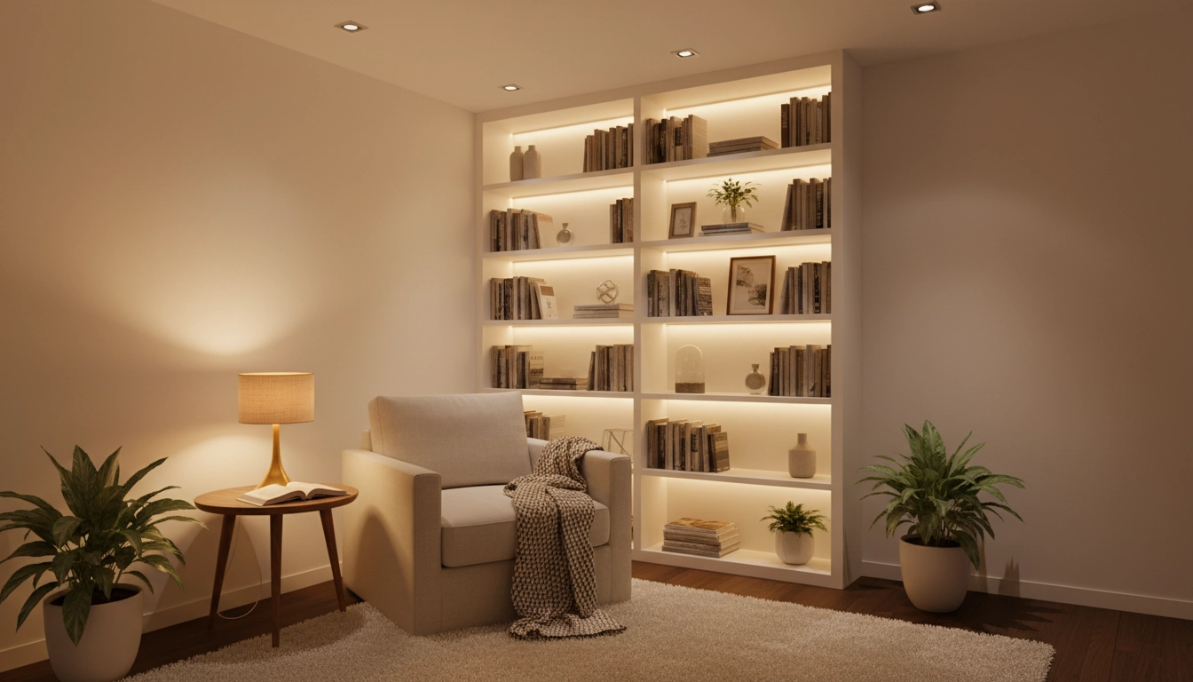 Coin lecture d'appartement sans fenêtre avec plusieurs sources d'éclairage superposées pour une ambiance lumineuse et chaleureuse