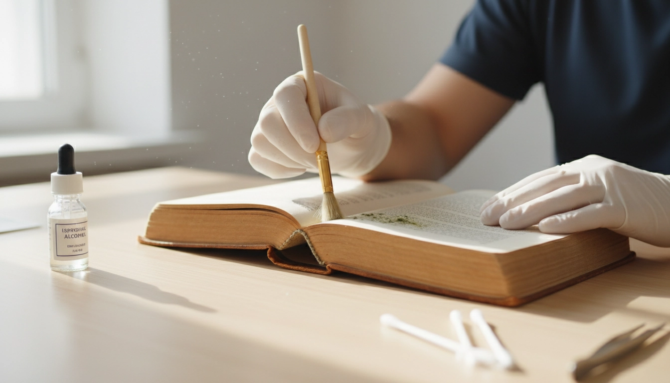 Spécialiste montrant comment éliminer les moisissures sur les pages d'un livre avec un pinceau doux et de l'alcool isopropylique
