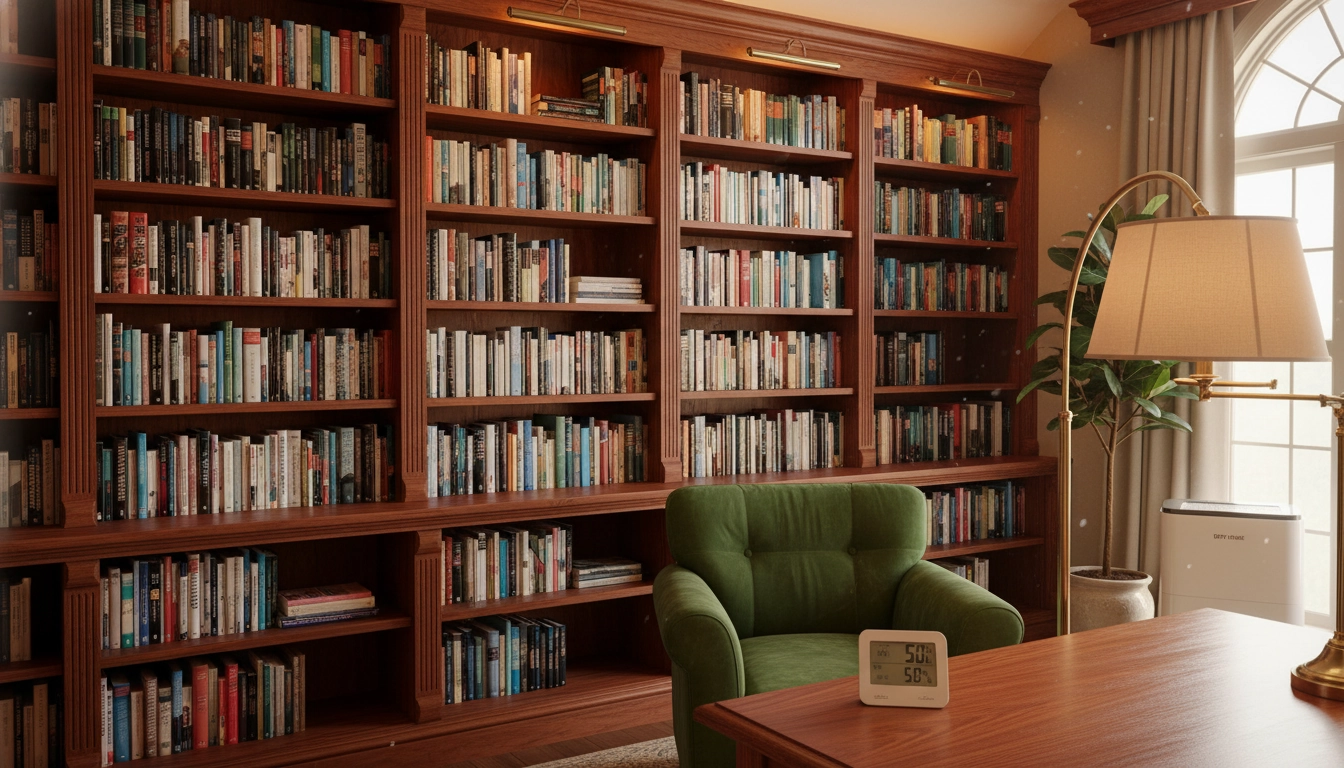 Bibliothèque bien rangée avec hygromètre et déshumidificateur pour prévenir les moisissures sur les livres