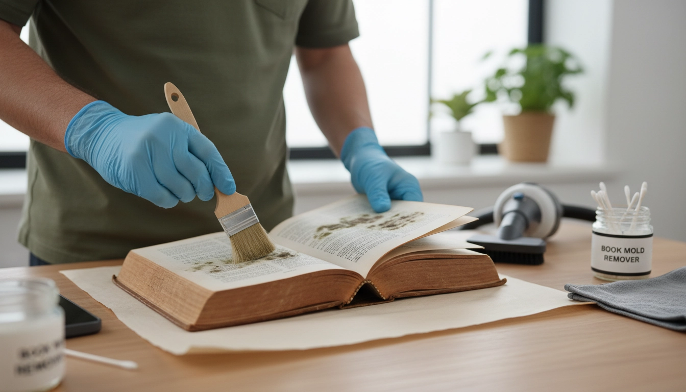 Comment éliminer les moisissures sur les pages d'un livre avec des outils adaptés posés sur une table en bois
