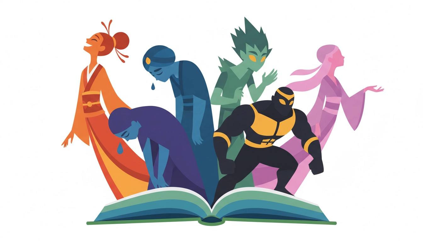 Personnages de fiction aux émotions variées émergeant d'un livre ouvert pour illustrer l'empathie et la lecture