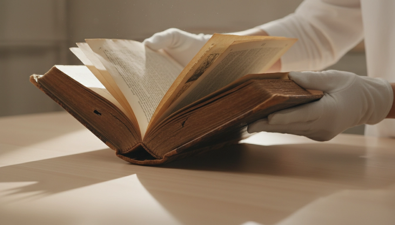 Entretien livres anciens : manipulation d'un ouvrage précieux avec des gants en coton blanc