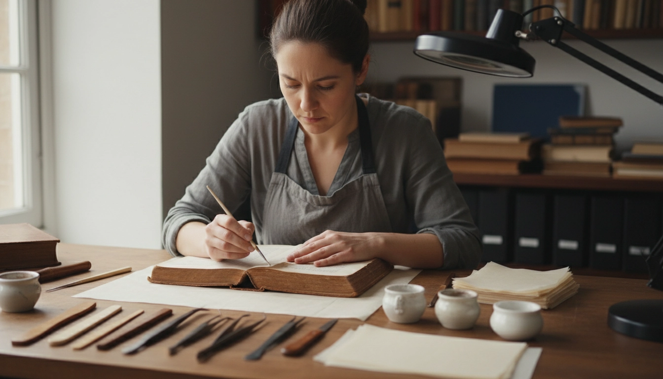 Restauration et réparation artisanale d'un livre ancien par un professionnel de la conservation