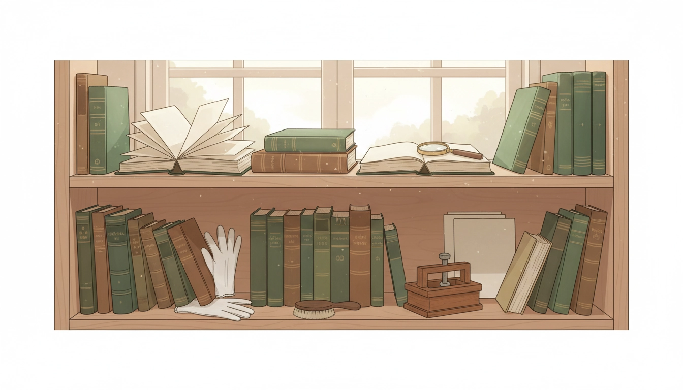 Entretien livres anciens : manipulation soigneuse d'ouvrages précieux avec des gants blancs en coton