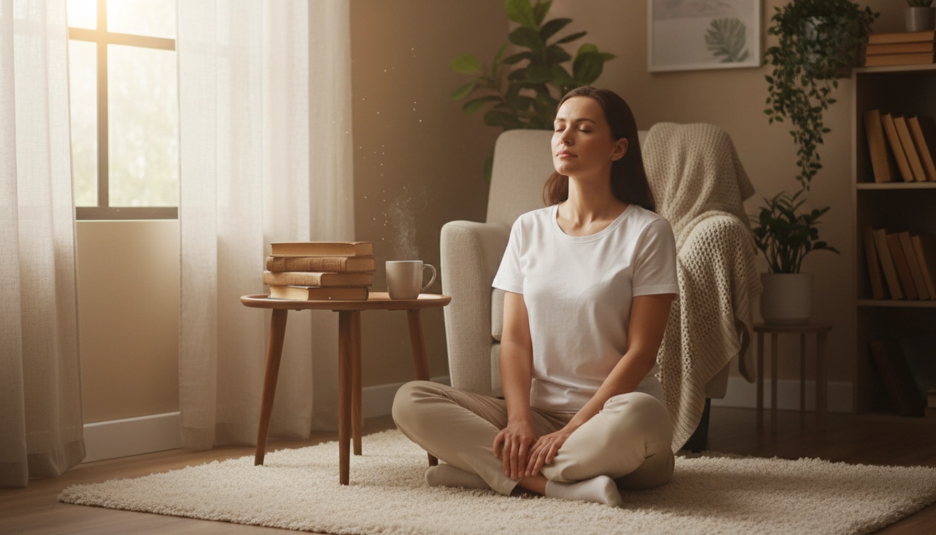 Exercices de respiration pour se concentrer avant de lire : femme pratiquant la respiration profonde