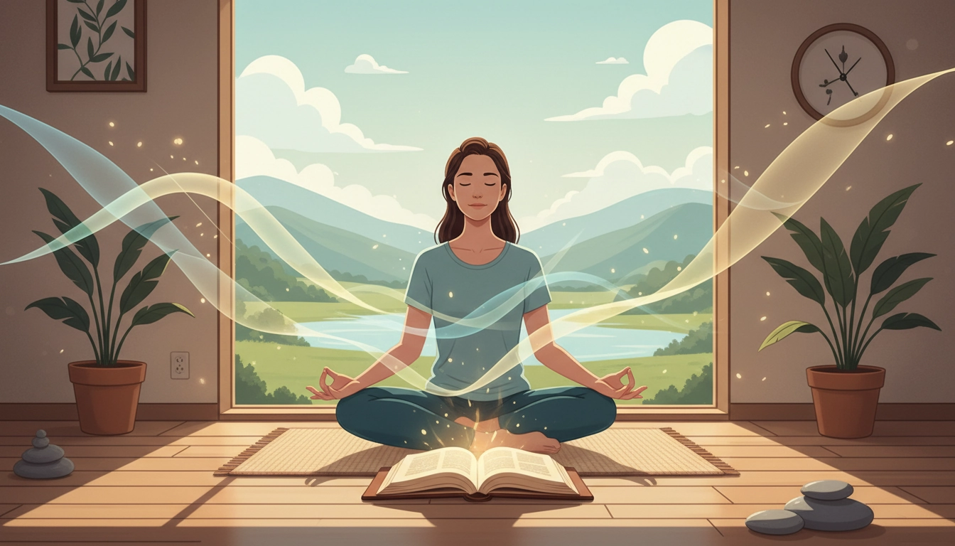 Femme pratiquant des exercices de respiration pour se concentrer avant de lire dans un coin calme