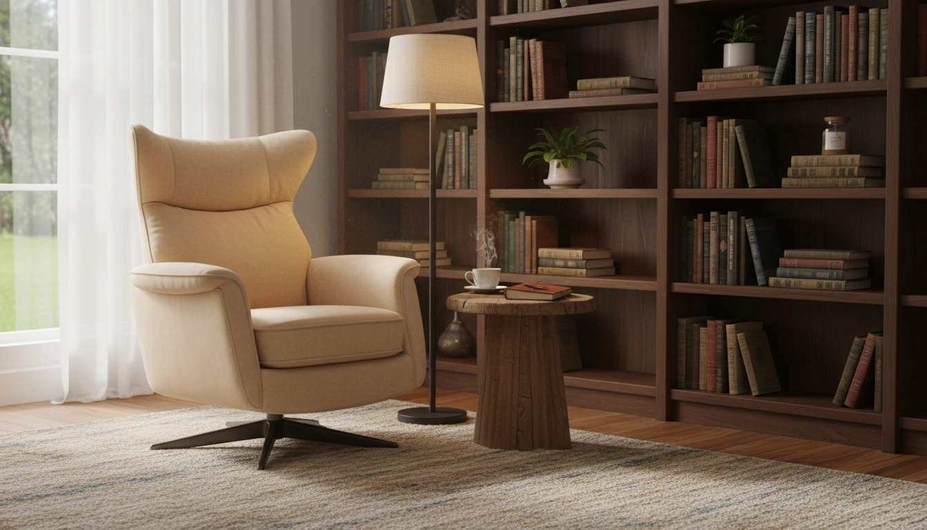 Fauteuil de lecture ergonomique pour longues sessions dans un coin lecture chaleureux avec bibliothèque en bois et lampe sur pied
