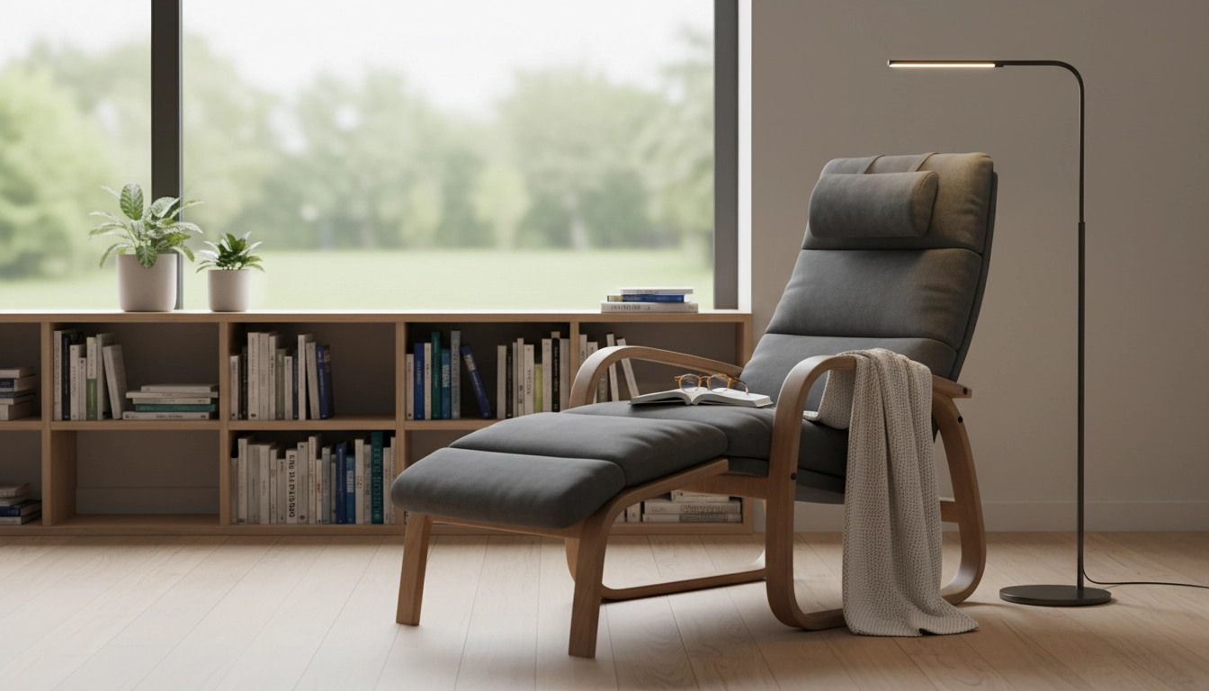 Fauteuil de lecture ergonomique pour longues sessions dans un salon cosy avec lampe de lecture et bibliothèque