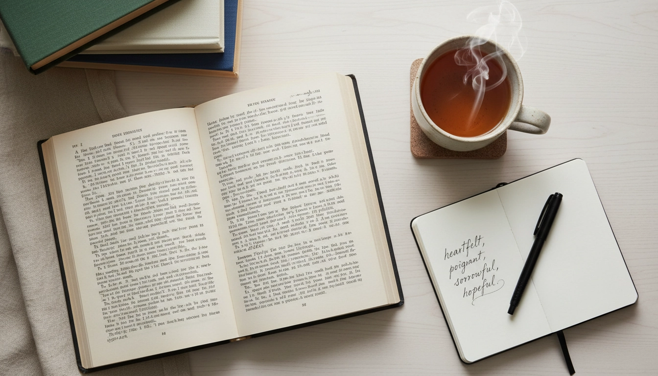 Journal de lecture émotionnel ouvert à côté d'un roman, pratique active pour renforcer l'empathie par la fiction