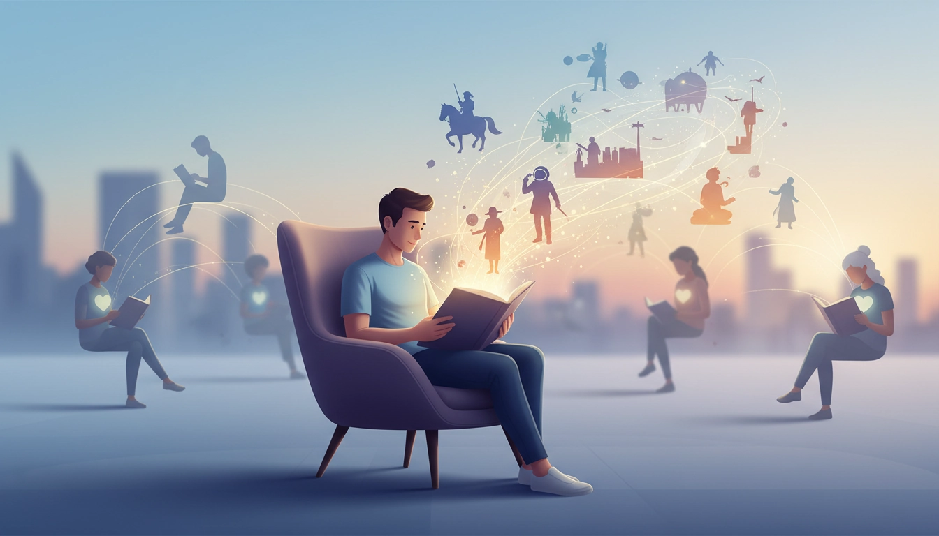 Adulte lisant un roman dans un fauteuil, illustration de comment la fiction développe l'empathie chez l'adulte