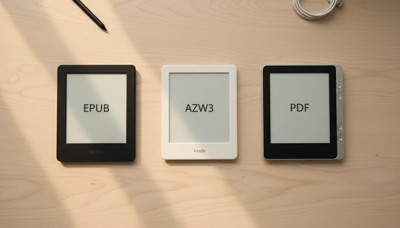Trois liseuses affichant différents formats de fichiers ebook : EPUB, AZW3 et PDF