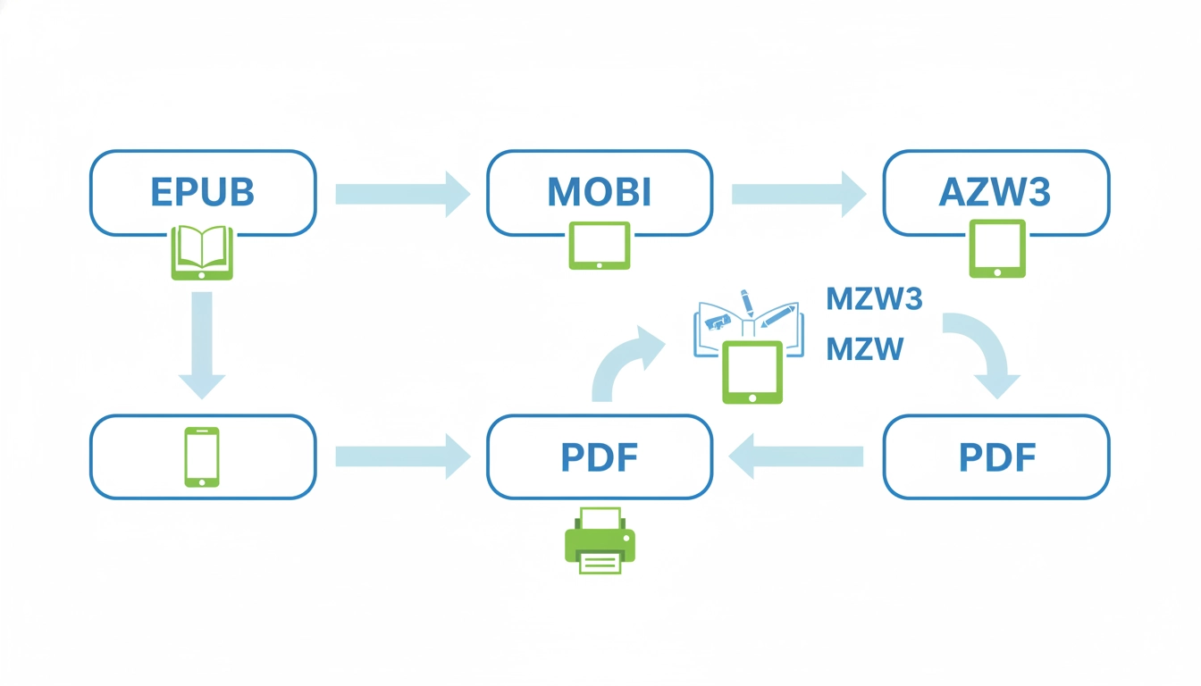 Schéma de conversion entre les différents formats de fichiers ebook pour liseuses et tablettes