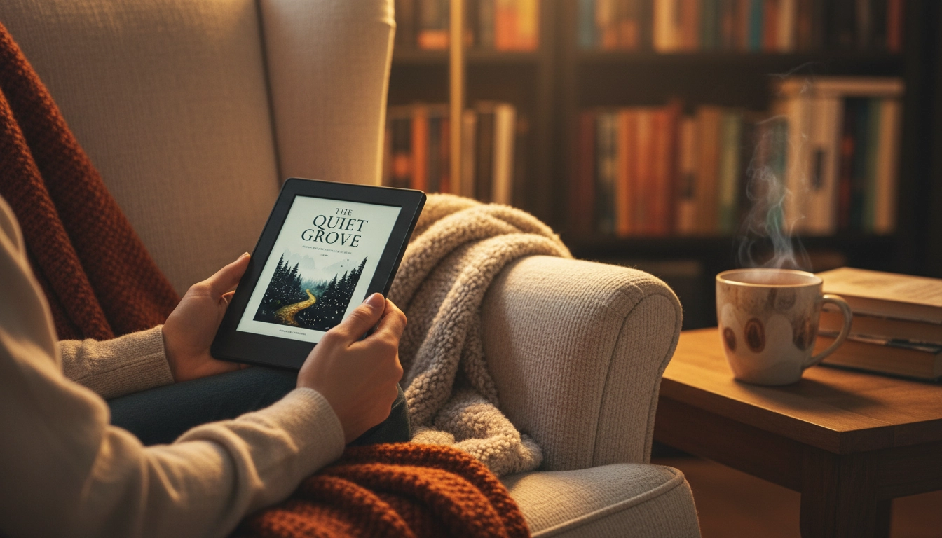 Lecteur utilisant une liseuse pour lire un ebook au format fichier ebook EPUB dans un cadre confortable