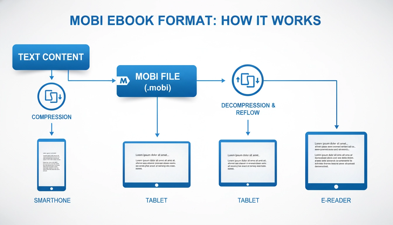 Diagramme explicatif du format MOBI ebook comment fonctionne avec réflexion du texte