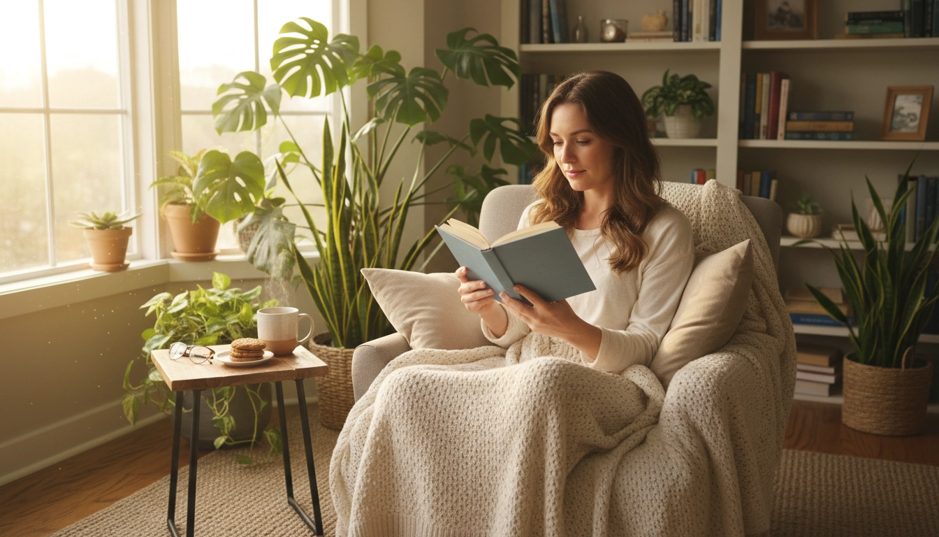 Quel genre de livre lire pour se détendre rapidement : femme dans un coin lecture confortable avec ambiance apaisante
