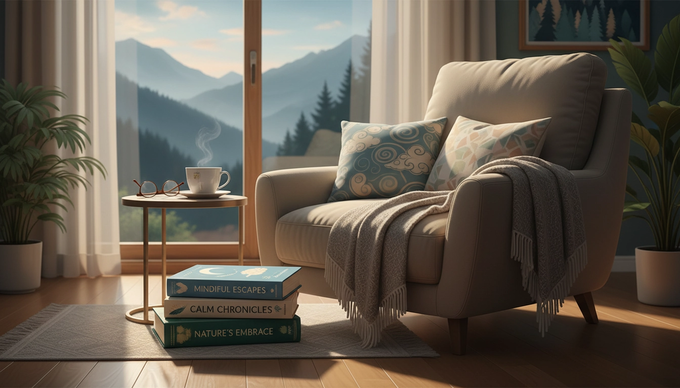 Femme relaxée en train de lire un roman pour se détendre rapidement, assise confortablement avec une tasse de thé