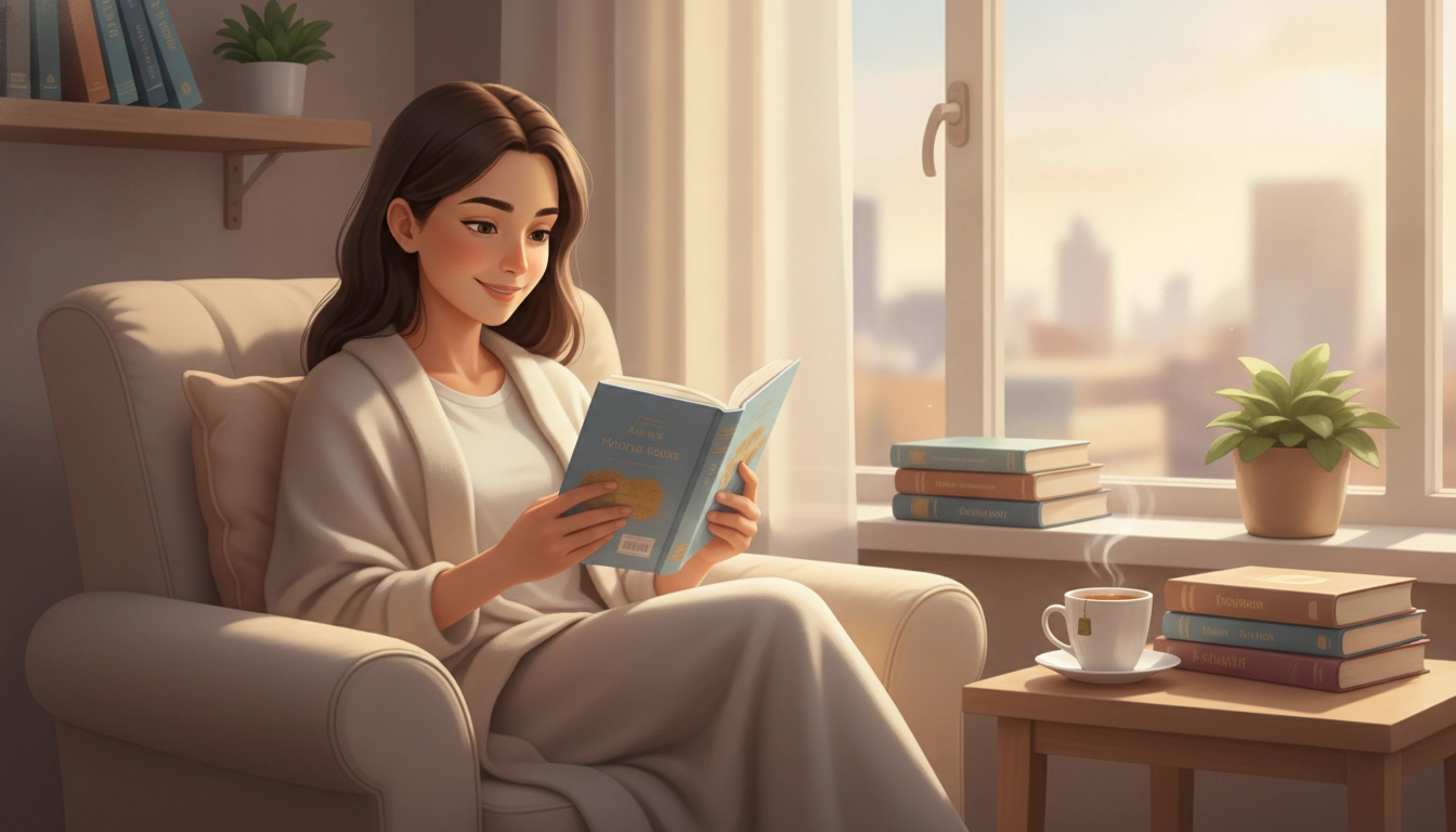 Une personne lisant dans un coin confortable avec une lumière douce, illustrant quel genre de livre lire quand on est déprimé