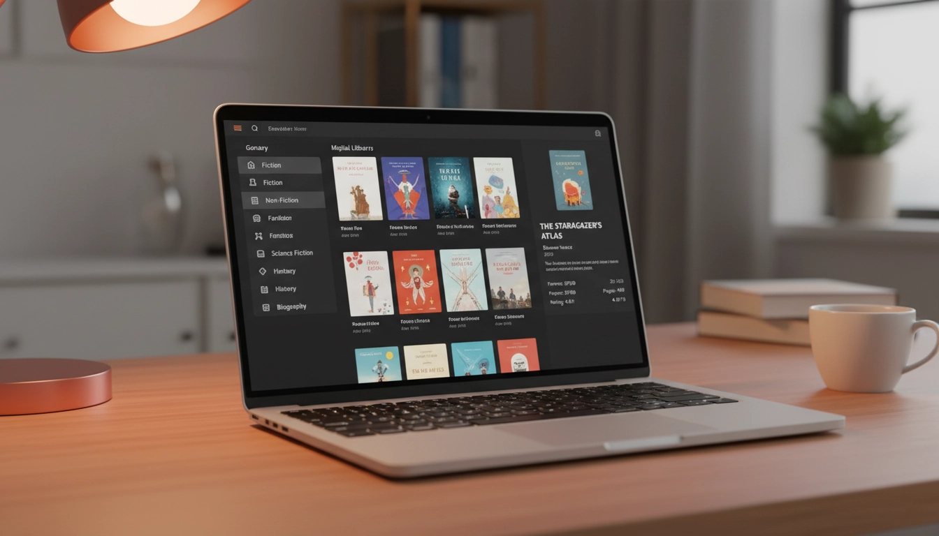 Interface de gestion bibliothèque numérique sur ordinateur portable avec collection d'ebooks organisée par genre
