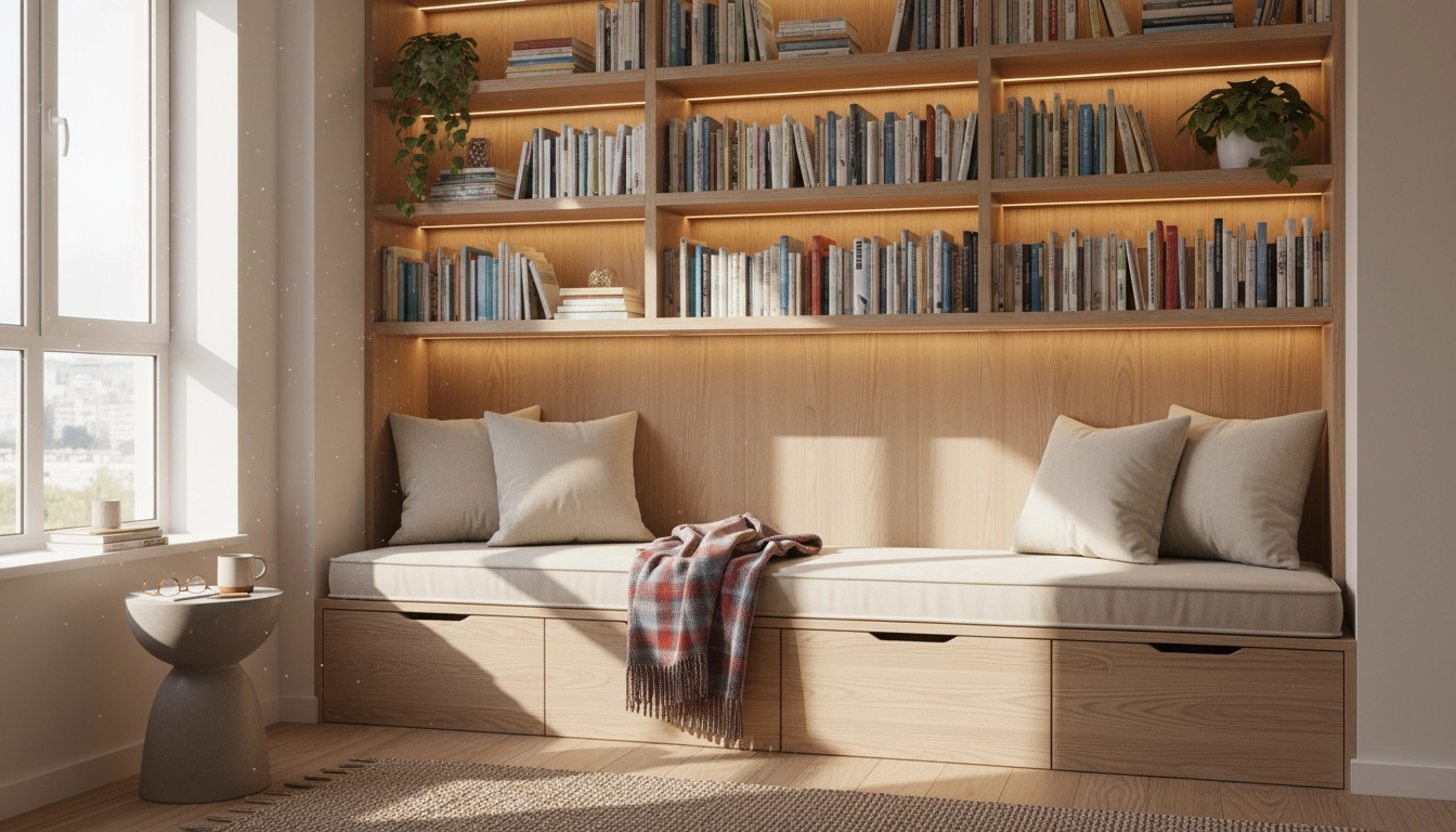 Bibliothèque-banquette encastrée dans une alcôve illustrant la mobilier multifonction optimisation lecture espace restreint