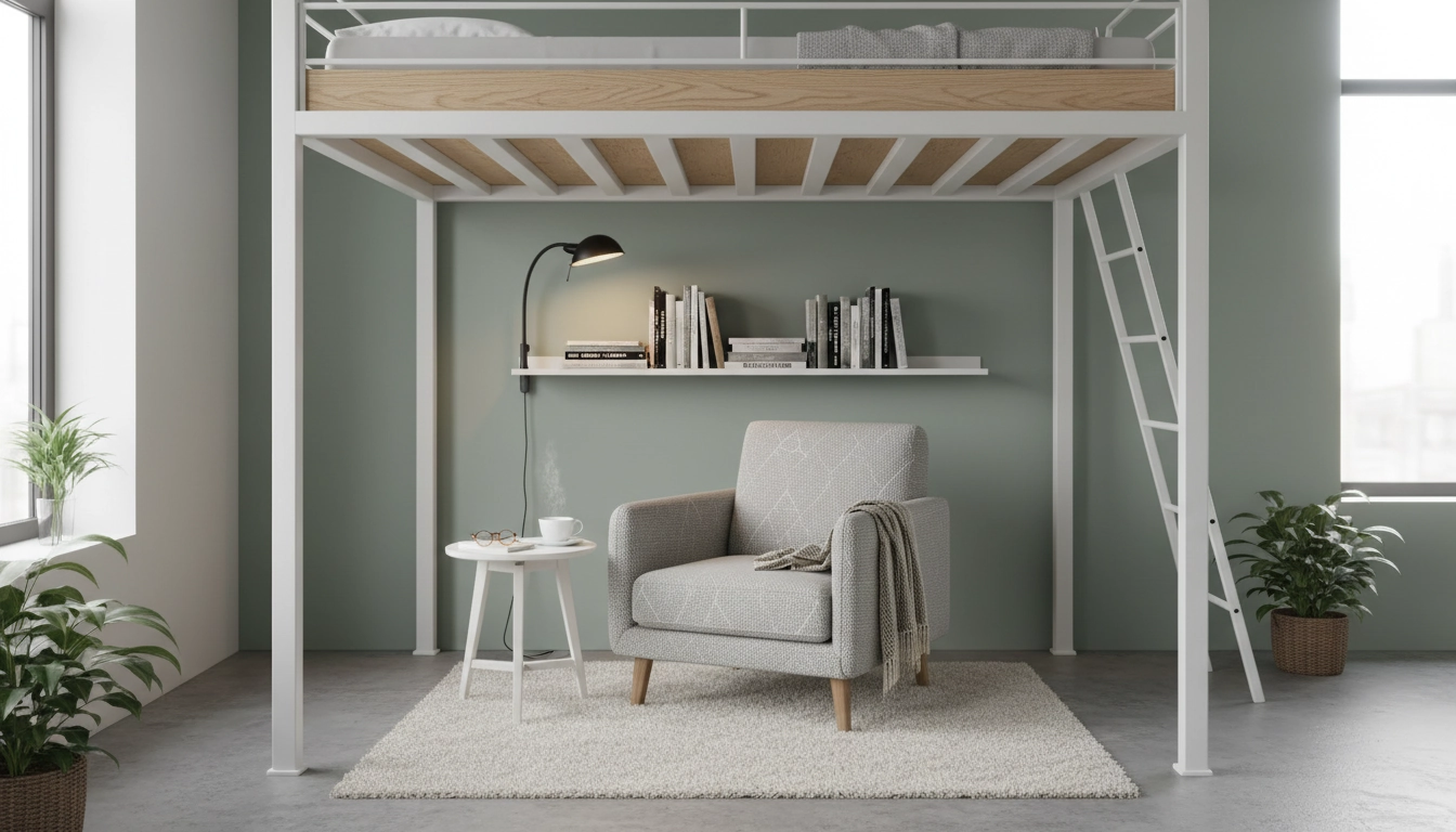 Coin lecture sous lit mezzanine dans un studio aménagé avec du mobilier multifonction pour optimiser un espace restreint